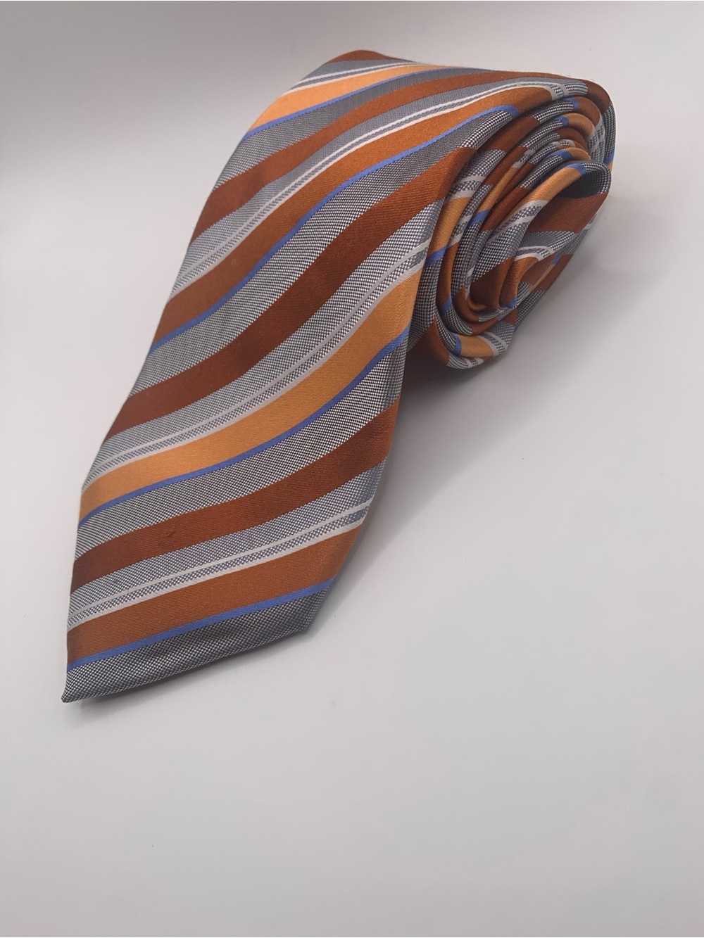 Geoffrey Beene Orange, Brown & Blue Striped Silk Tie